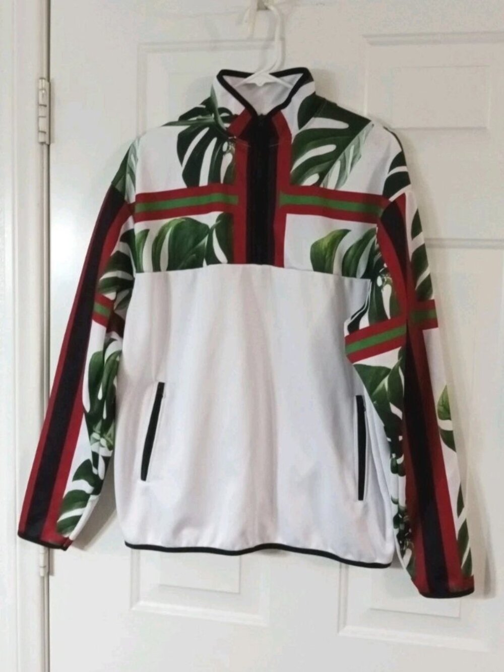Fashion Nova Mens S White Floral 1/4 Zip Pullover Jacket Stand-Up Collar Pockets